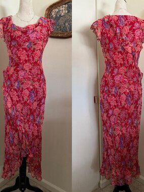 Vintage Y2K beaded/sequin cowl neck 100% silk ruffled floral dress